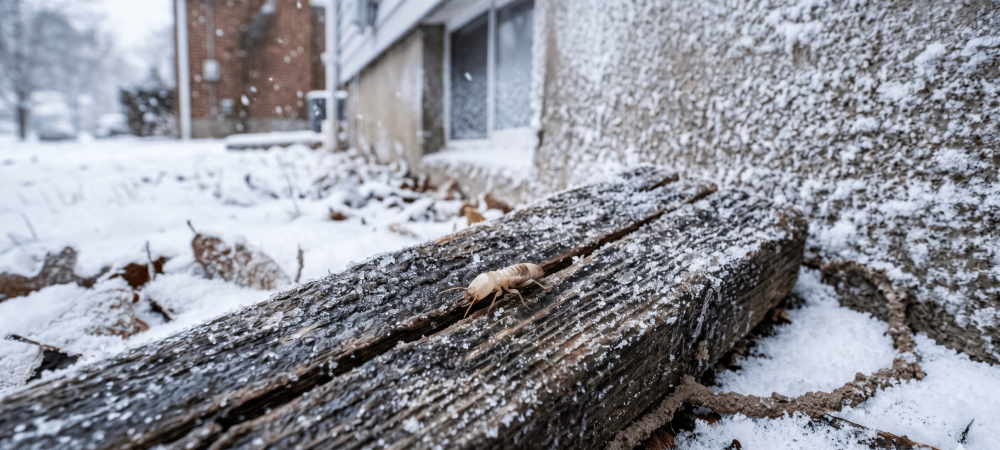 termite on snowy piece of wood