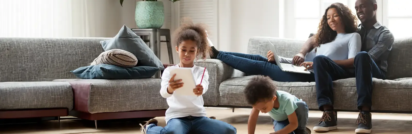 family relaxing in living room